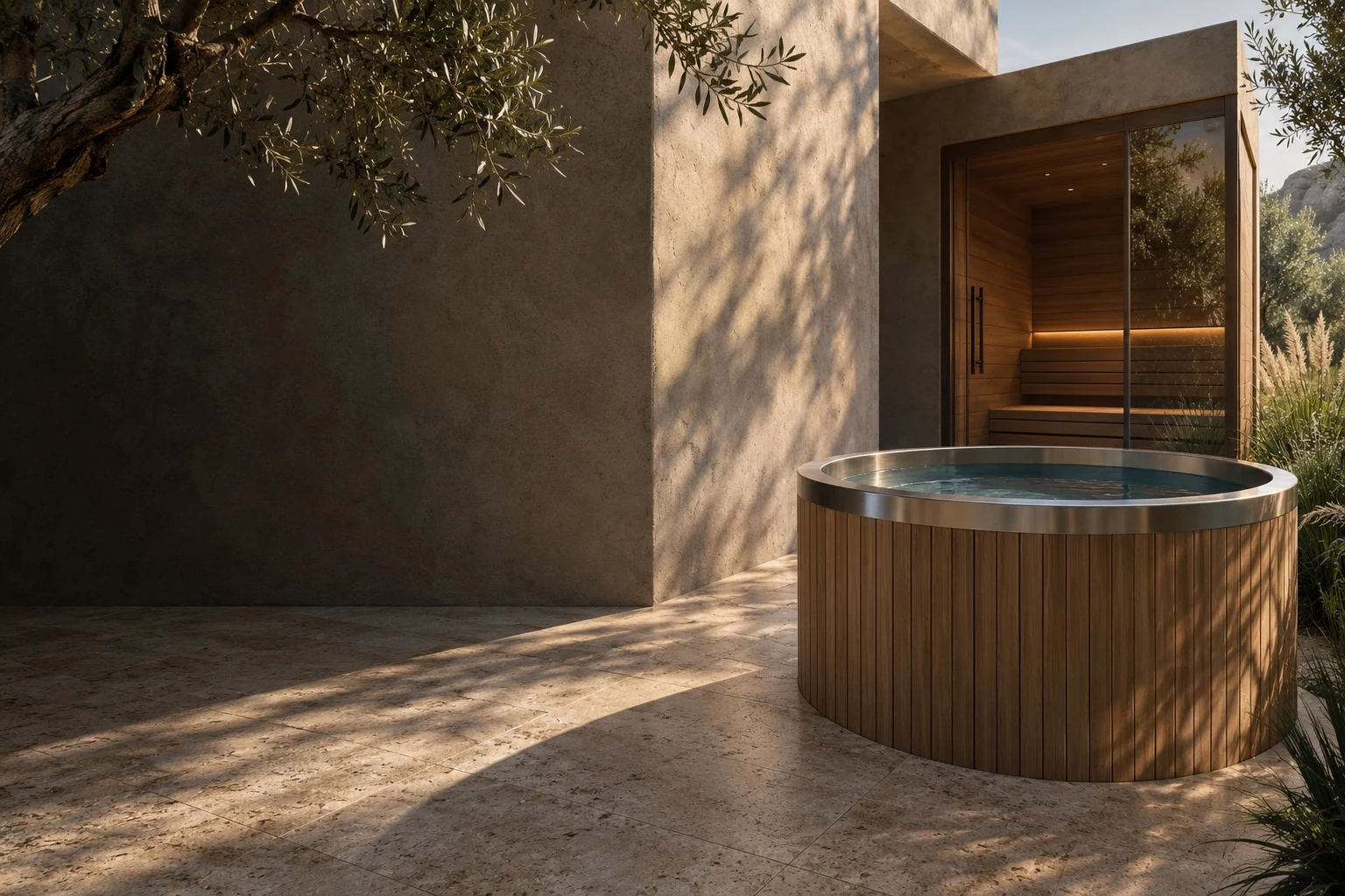 Architectural concept of a cold plunge and sauna together in a courtyard
